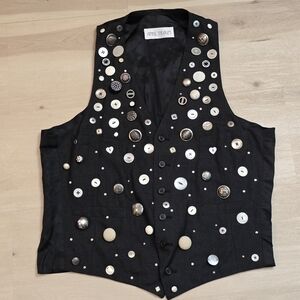Vtg Rare April Traum Retro Women Black Vest Various Buttons Accent No Size Tag